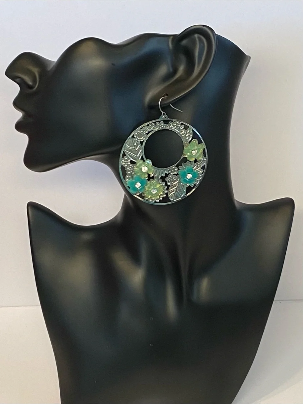 Boho Silver and Shades of Green Floral Circular Hoop Statement Earrings